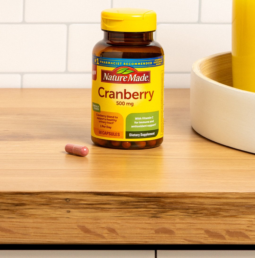Nature Made Cranberry capsules to support a healthy urinary tract, with added Vitamin C for immune and antioxidant support.